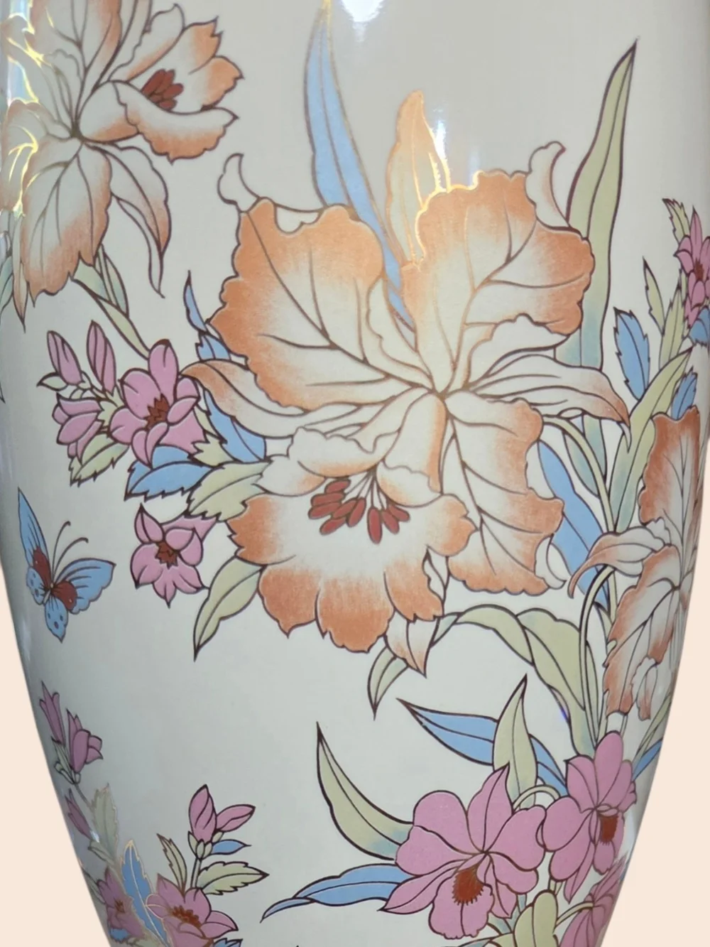 ​Vintage White Ceramic Floral Vase Gold Trim Butterfly Decor 12
